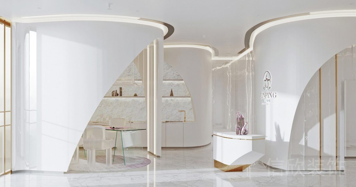 弧形簡(jiǎn)約風(fēng)普拉提大理石大廳前臺(tái)區(qū)設(shè)計(jì)