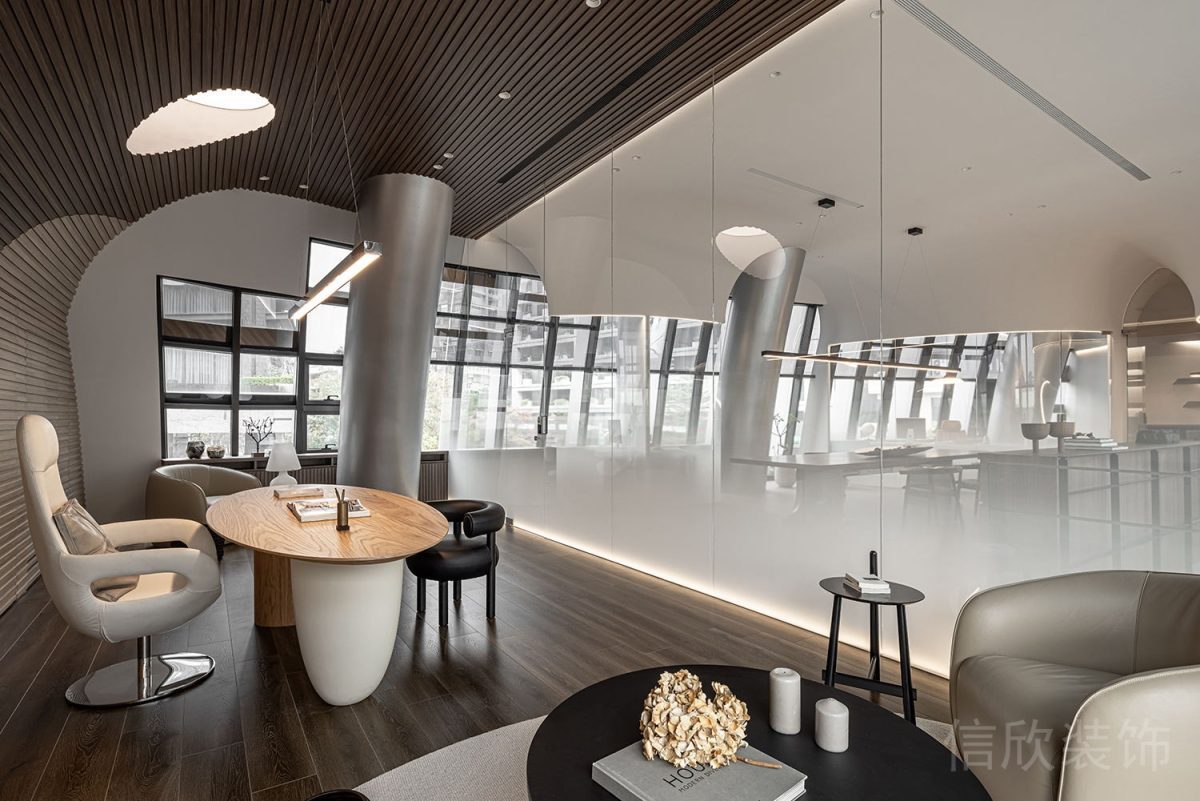 環(huán)形條形原木地板鏈接天花板設(shè)計(jì)簡(jiǎn)約辦公室裝修