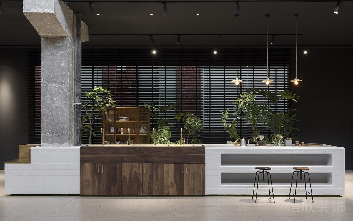 木飾面水吧臺區(qū)域辦公室設計創(chuàng)意洗手臺