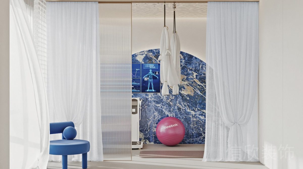 普拉提機(jī)構(gòu)裝修設(shè)計大理石藝術(shù)環(huán)形墻體裝飾條紋玻璃過道隔斷效果圖