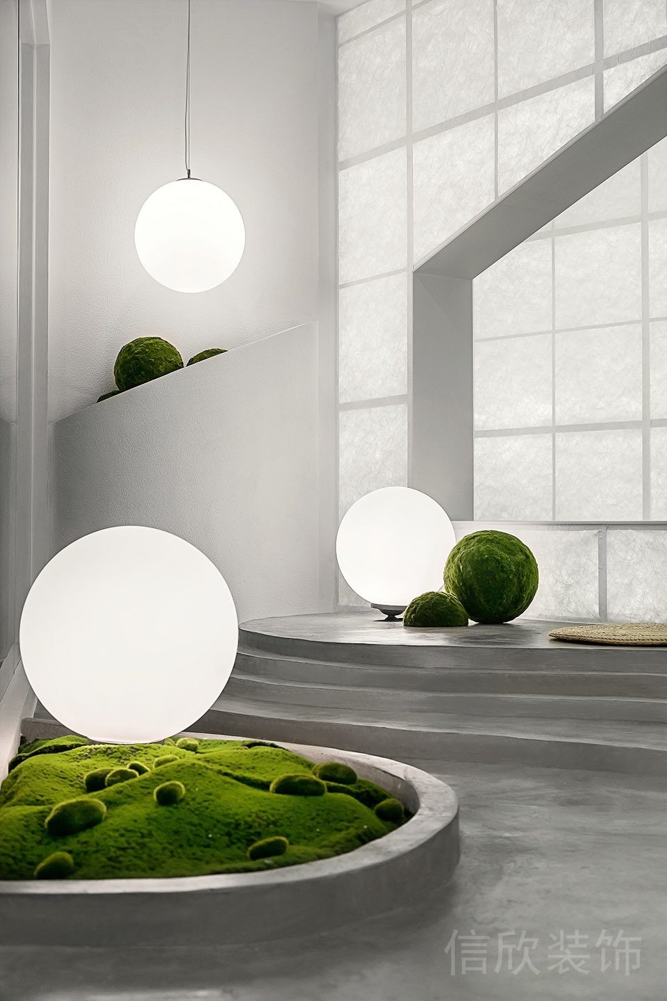 球形綠植搭配球形燈休息區(qū)瑜伽機構裝修