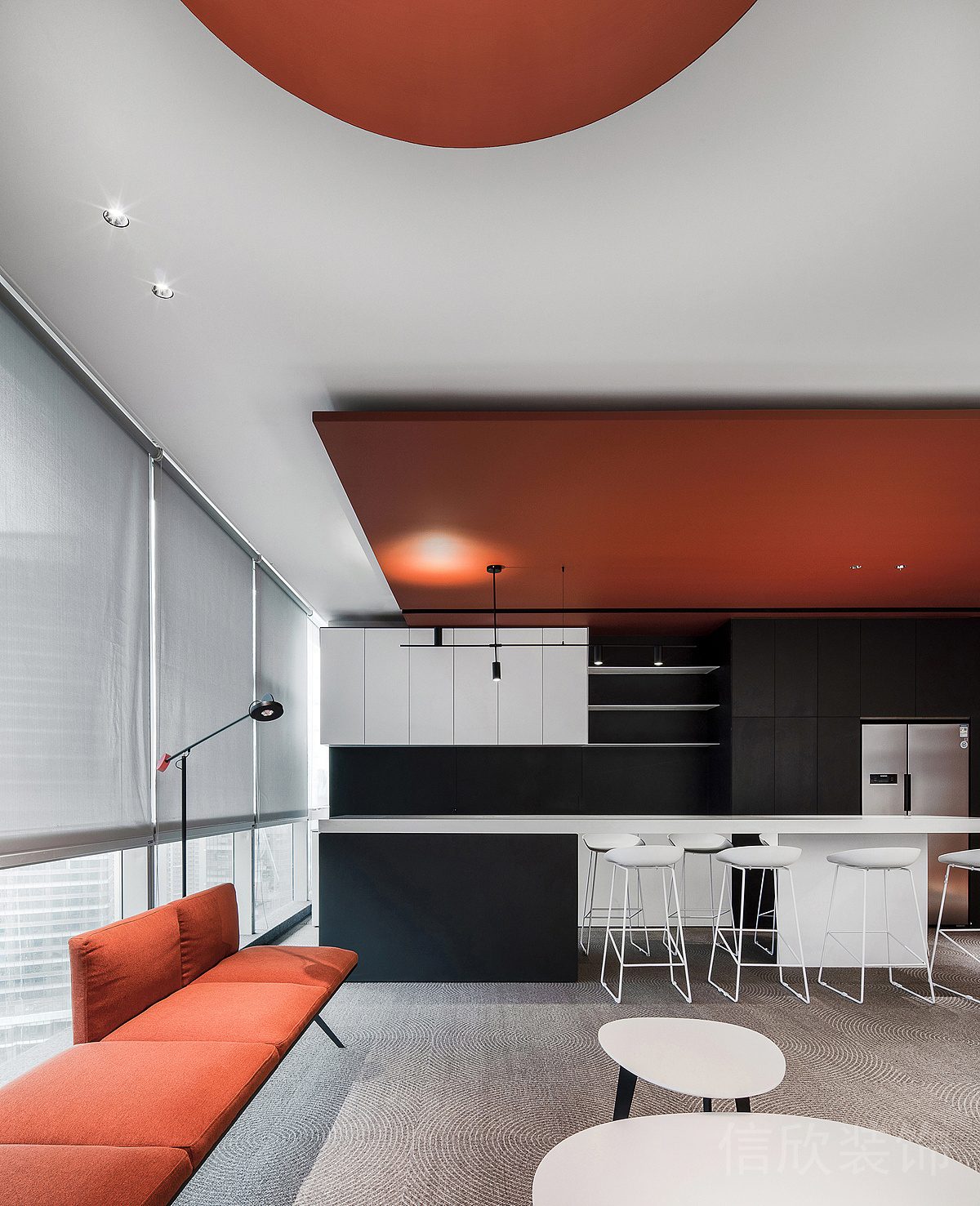 水吧臺高腳椅橙色現(xiàn)代簡約辦公室裝修設計