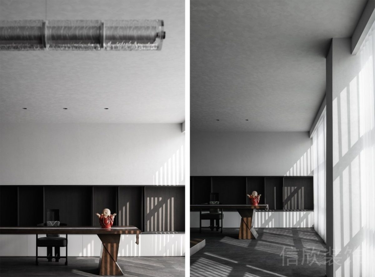 辦公室商務(wù)風(fēng)原木風(fēng)設(shè)計裸露外飾面墻柱效果地毯工作桌設(shè)計