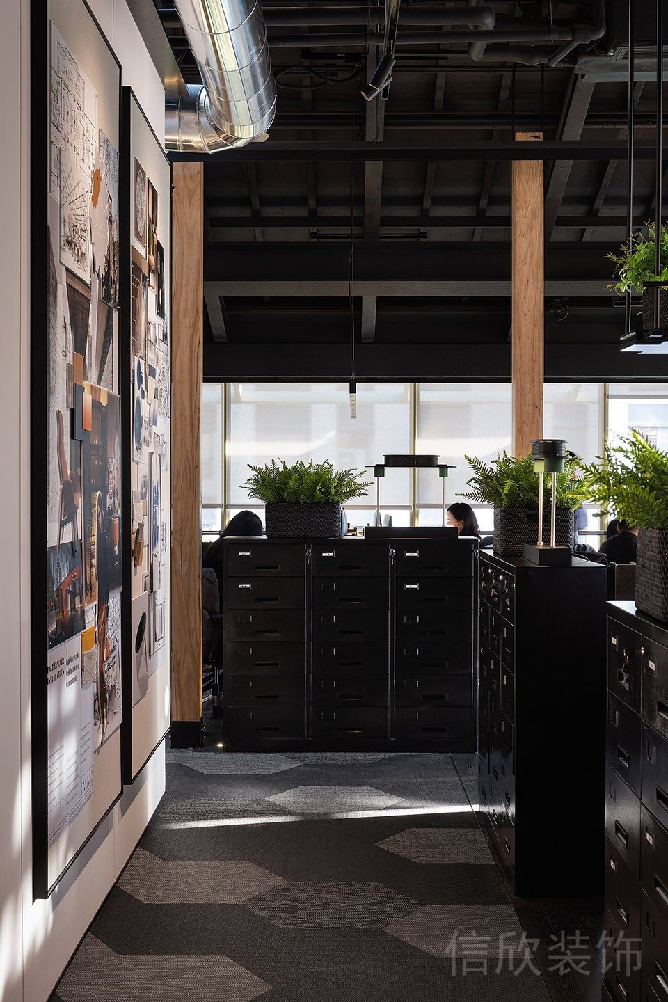 壁掛式藝術(shù)畫黑色復(fù)古置物柜設(shè)計(jì)工業(yè)風(fēng)天花板辦公室走廊裝修設(shè)計(jì)圖