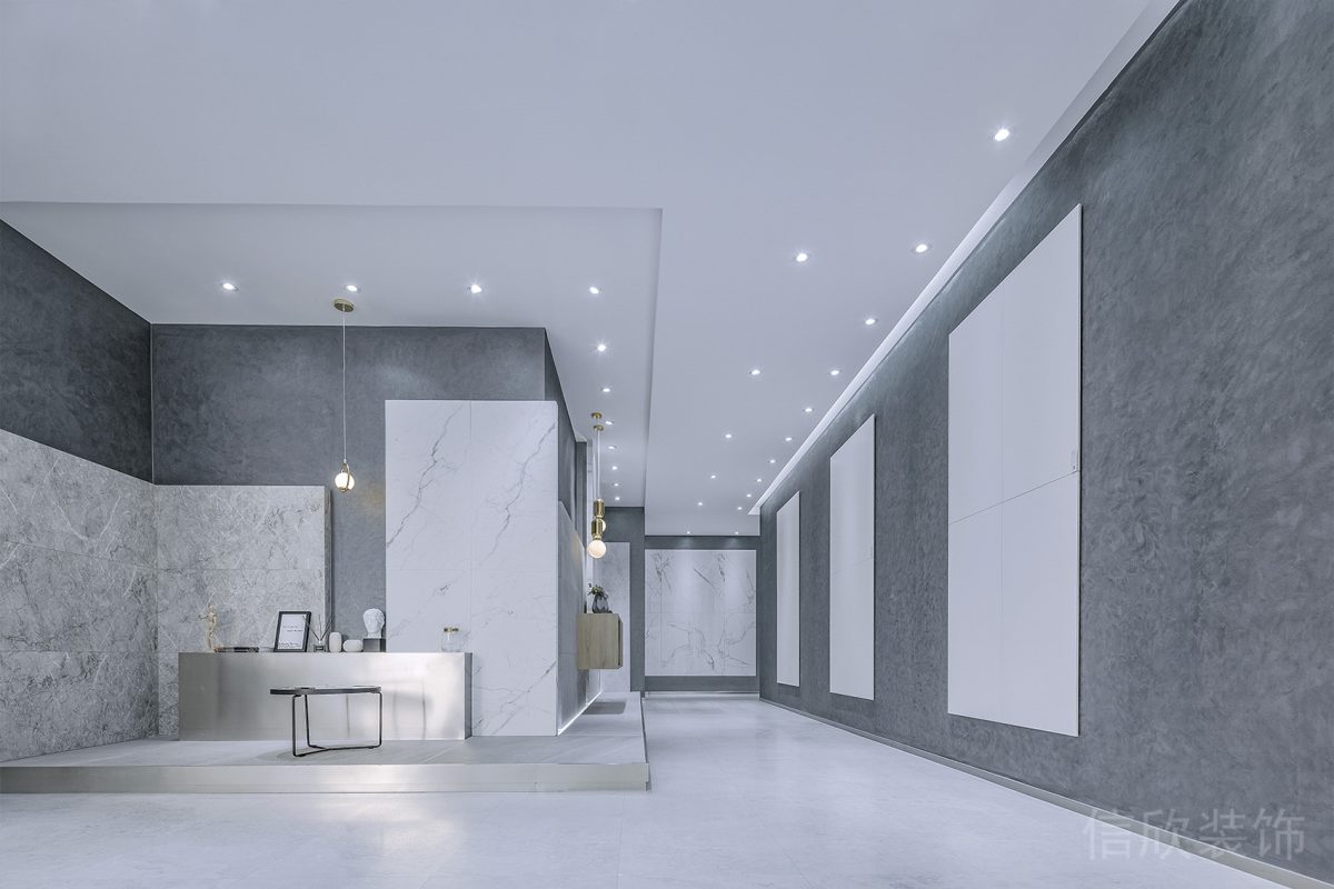 辦公室裝修設(shè)計(jì)金屬銀色大廳效果圖白色大理石瓷磚過道