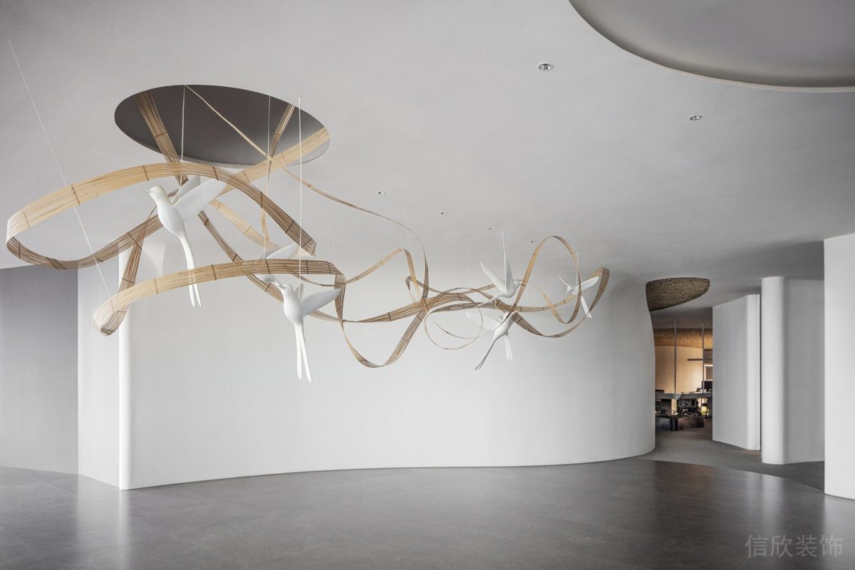 波浪式墻體裝修懸吊式木質(zhì)編織藝術(shù)品設(shè)計辦公室大廳效果圖