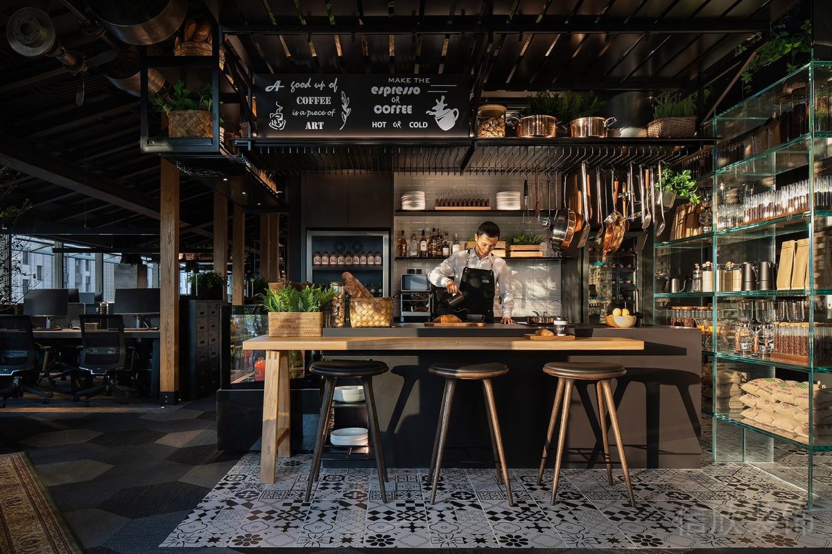 茶水間原木風(fēng)辦公室裝修水吧臺深色復(fù)古美式設(shè)計(jì)效果圖