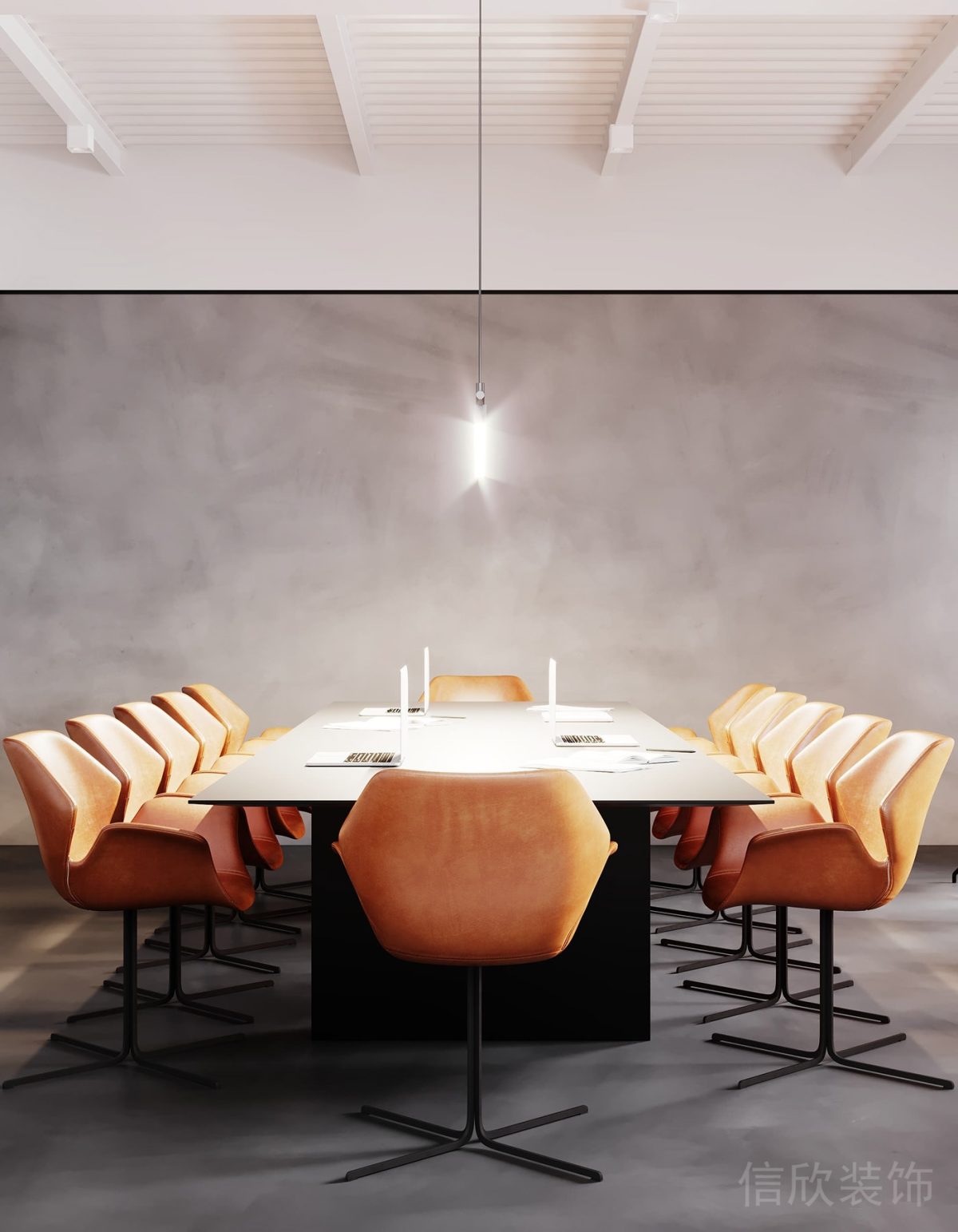 橙色座椅搭配黑色原木桌板設(shè)計灰色地板墻漆辦公室會議室裝修