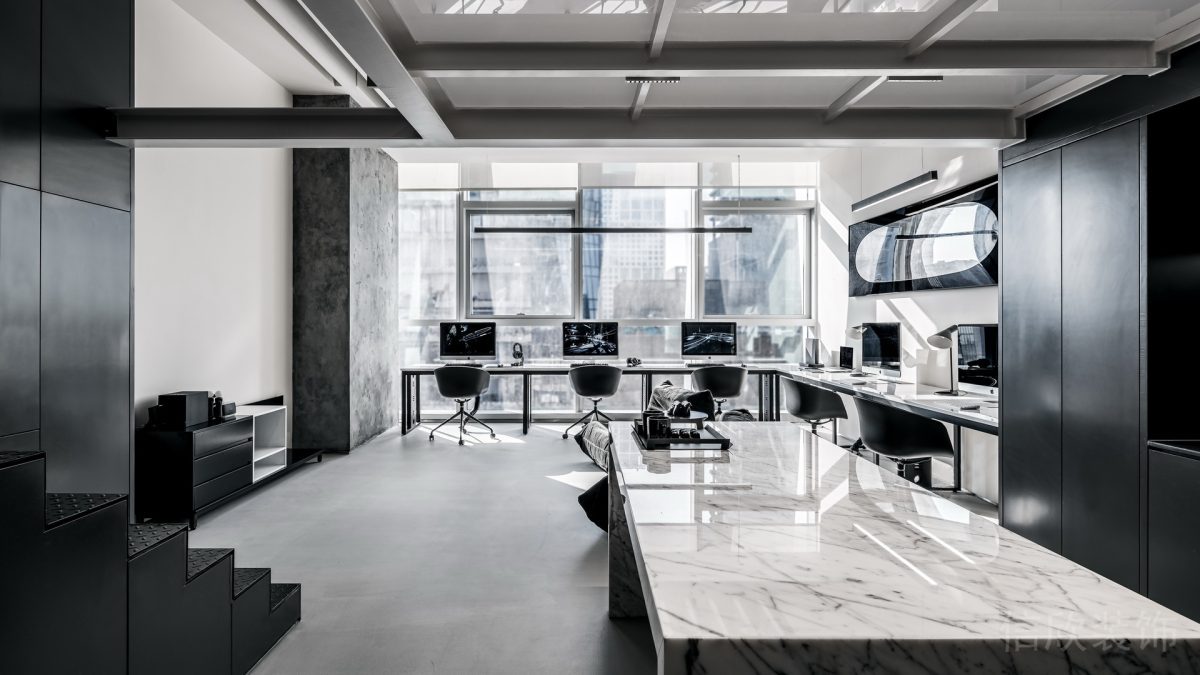 大理石灰白紋路茶水臺(tái)設(shè)計(jì)原木黑色調(diào)置物柜辦公室裝修