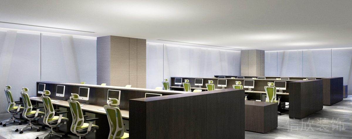 多人工位員工研發(fā)區(qū)域裝修設(shè)計(jì)深色木飾面工作桌效果