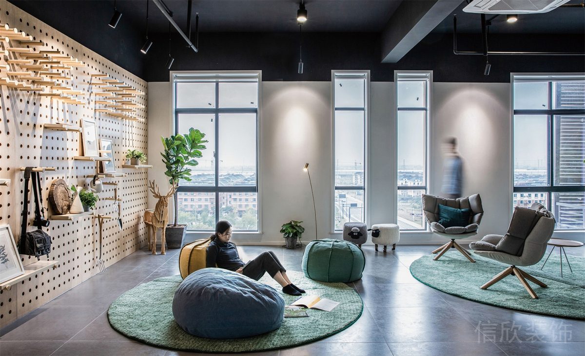 反絨皮懶人沙發(fā)裝修灰色大理石地磚設計辦公室休息區(qū)效果圖