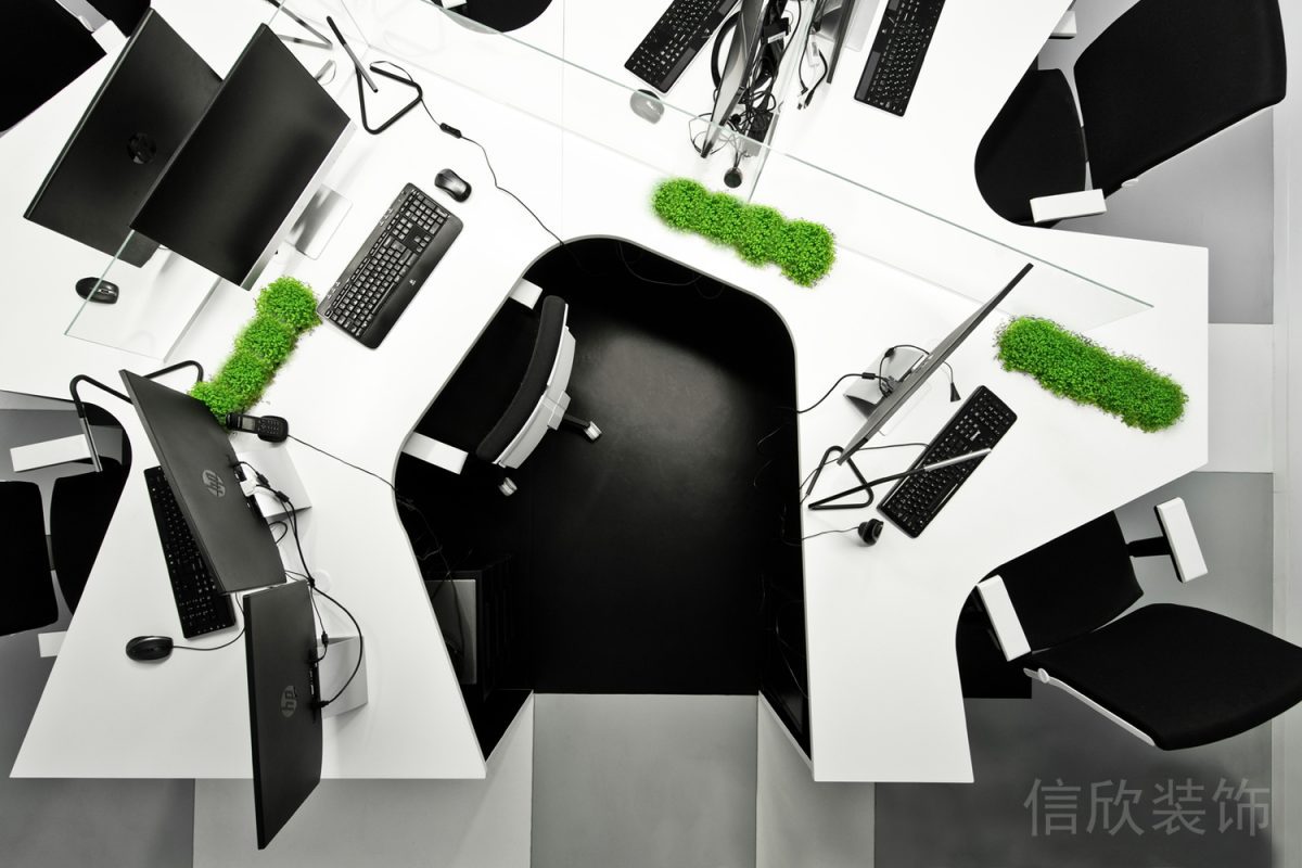 工作桌設(shè)計黑白色調(diào)效果圖弧線多人工位