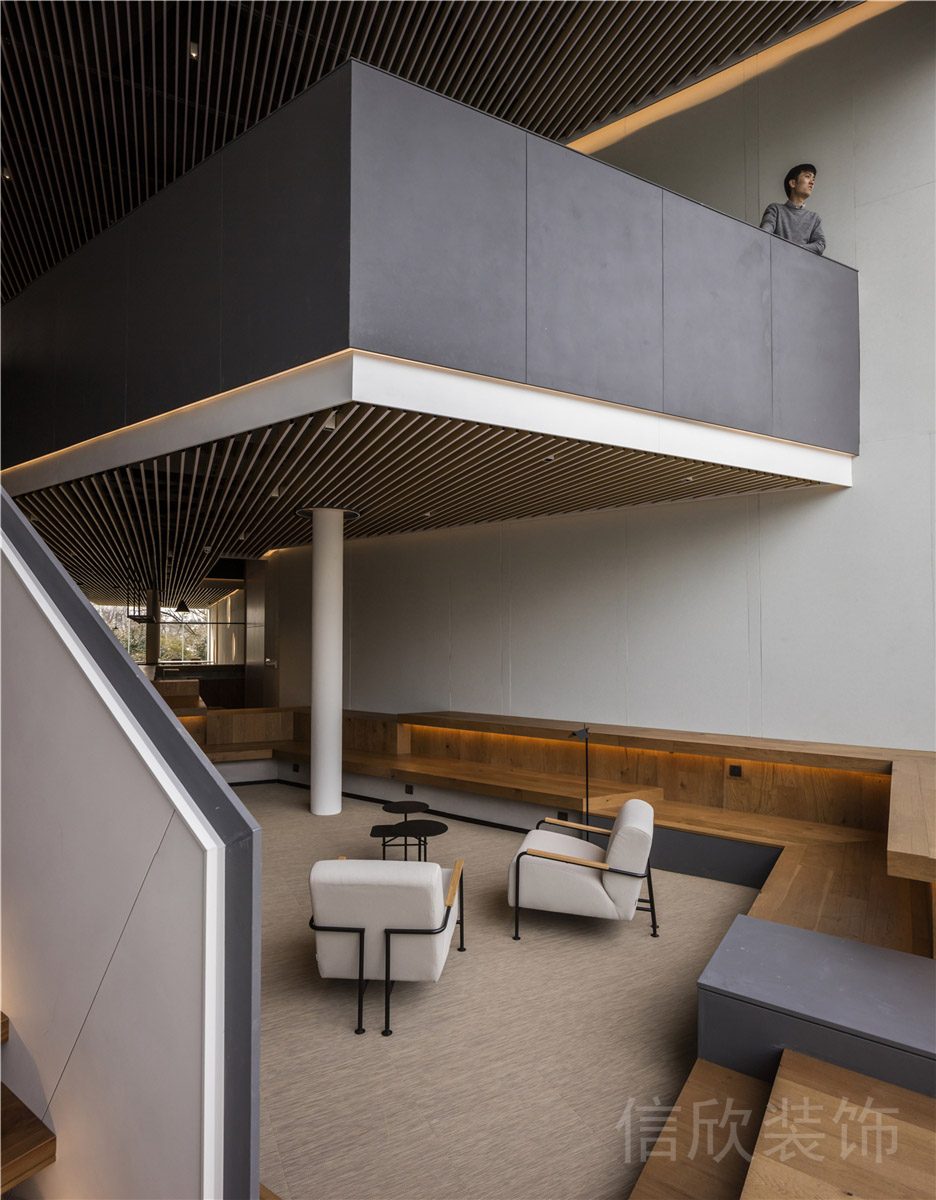 灰白撞色大理石扶梯設(shè)計(jì)白色紡織懶人沙發(fā)辦公室吧臺(tái)裝修效果圖