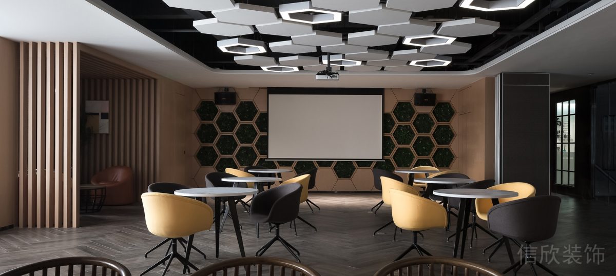 黃黑色調(diào)反絨皮座椅設(shè)計(jì)鏤空式蜂窩式置物柜辦公室裝修設(shè)計(jì)圖