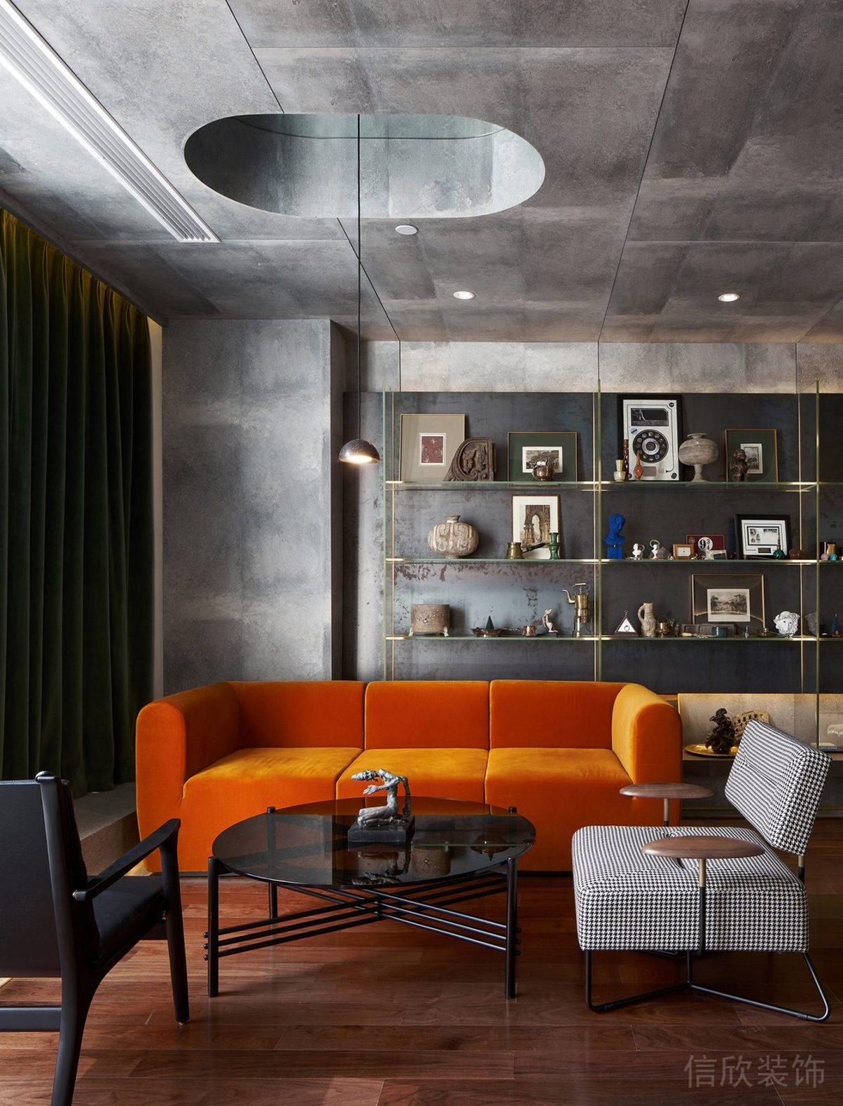 會客區(qū)裝修橙色沙發(fā)裝修灰色收納墻柜總裁辦公室設(shè)計