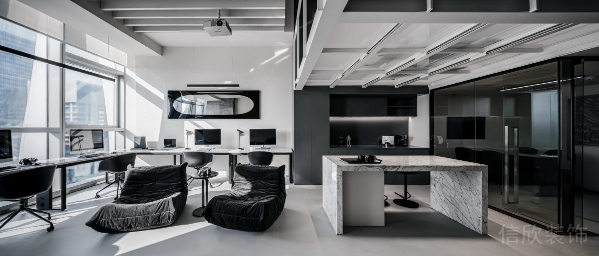 黑色反絨皮懶人沙發(fā)l型極簡風桌面辦公室設計圖