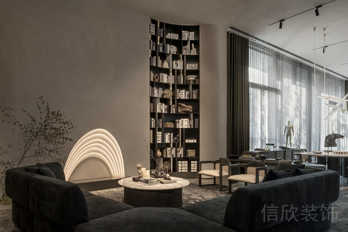 環(huán)形內(nèi)嵌式黑色調(diào)原木書柜設(shè)計(jì)智能控制窗簾裝修辦公室員工休息區(qū)效果圖