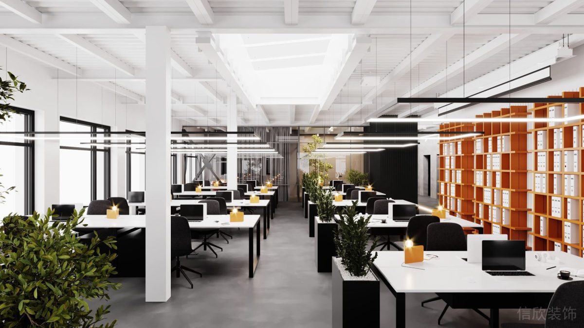 矩形方塊透明玻璃面板天花板設(shè)計辦公室工作區(qū)裝修設(shè)計圖