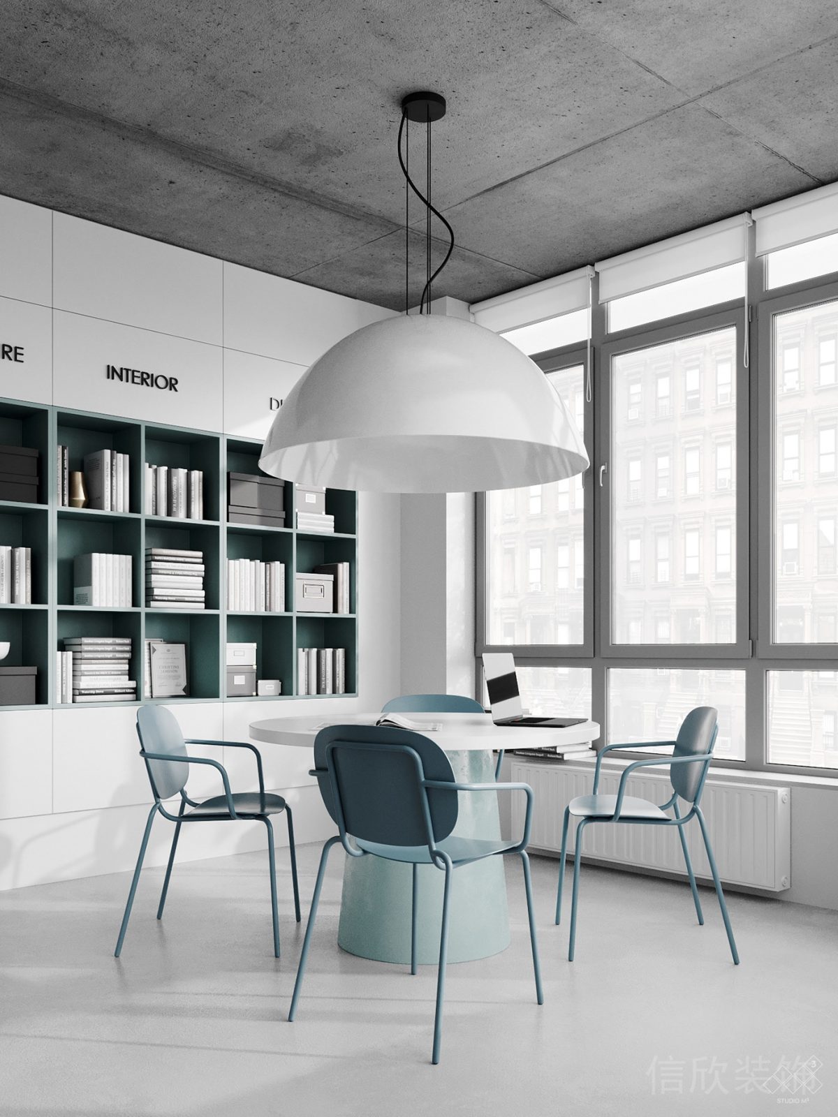 內(nèi)嵌式藍(lán)色原木置物柜裝修極簡白藍(lán)撞色桌字搭配藍(lán)色極簡風(fēng)座椅辦公室設(shè)計(jì)圖