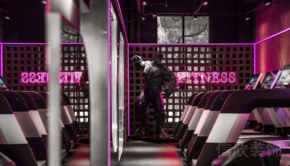 跑步機(jī)健身房裝修鏤空墻體隔斷洞洞板設(shè)計(jì)效果