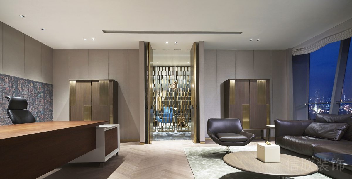 皮革沙發(fā)裝修設(shè)計商務(wù)風領(lǐng)導(dǎo)辦公室效果圖木飾面真皮效果