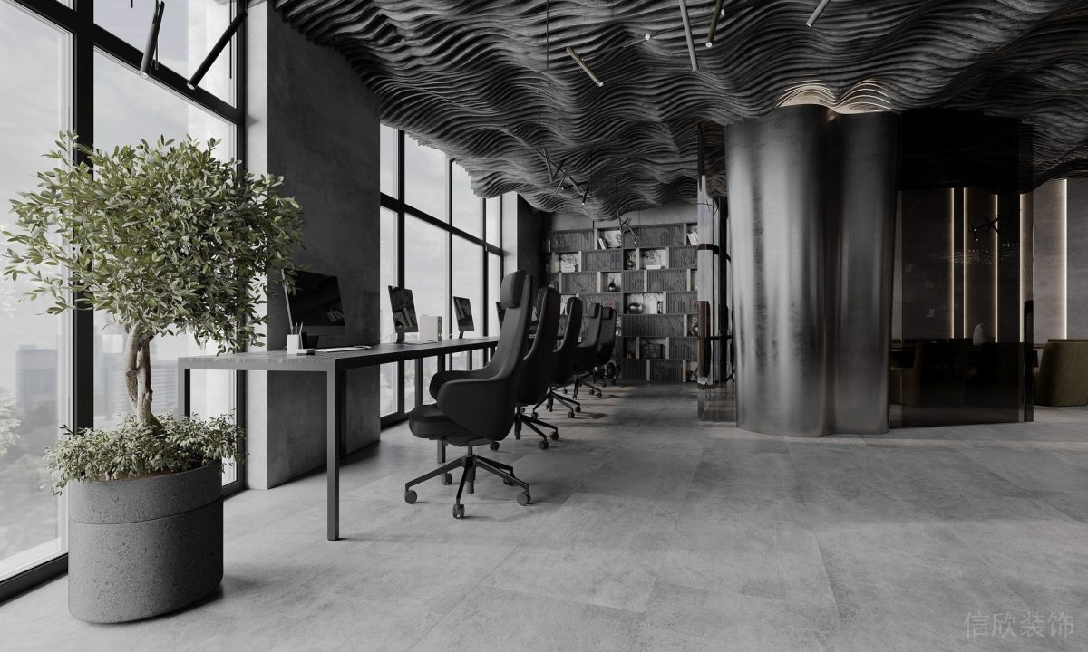 全落地式玻璃裝修鋁合金條形式桌子搭配人體工學(xué)椅大理石圓形綠植盆栽辦公室裝修設(shè)計