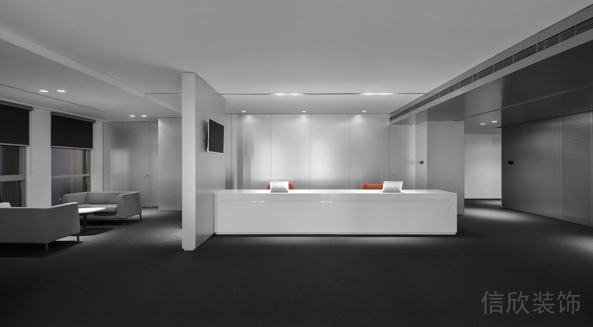 前臺區(qū)裝修設計現(xiàn)代極簡風裝修地毯效果燈飾設計