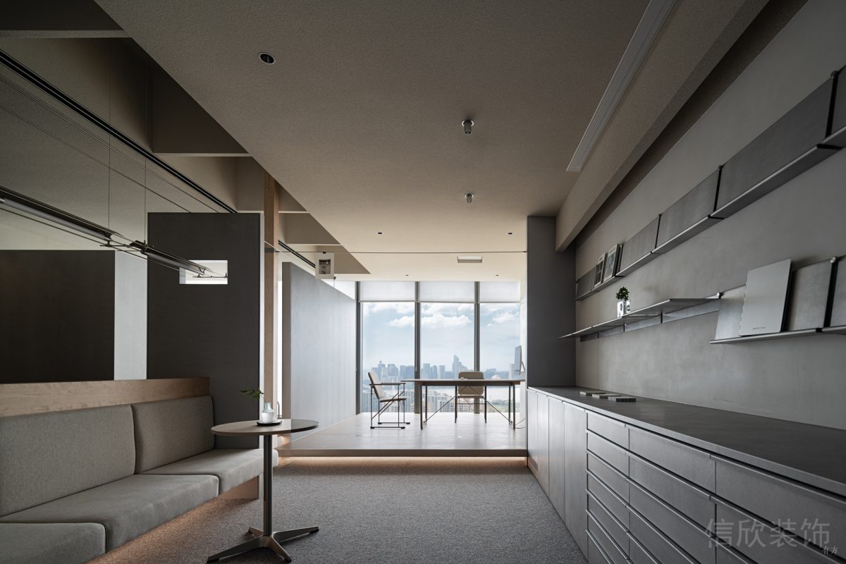 洽談室裝修設(shè)計(jì)小型工作室裝修榻榻米燈飾效果灰色過道