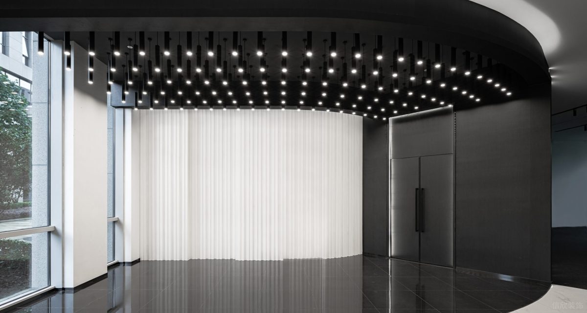 射燈設(shè)計天花黑白色調(diào)現(xiàn)代大理石瓷磚過道設(shè)計弧線地板辦公室裝修