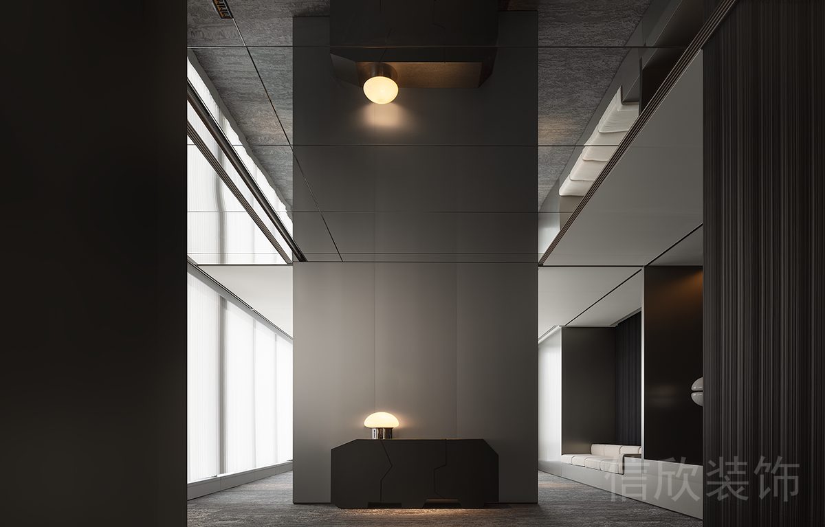 商務(wù)風(fēng)辦公室裝修設(shè)計(jì)鏡面暖光燈設(shè)計(jì)過道地毯效果