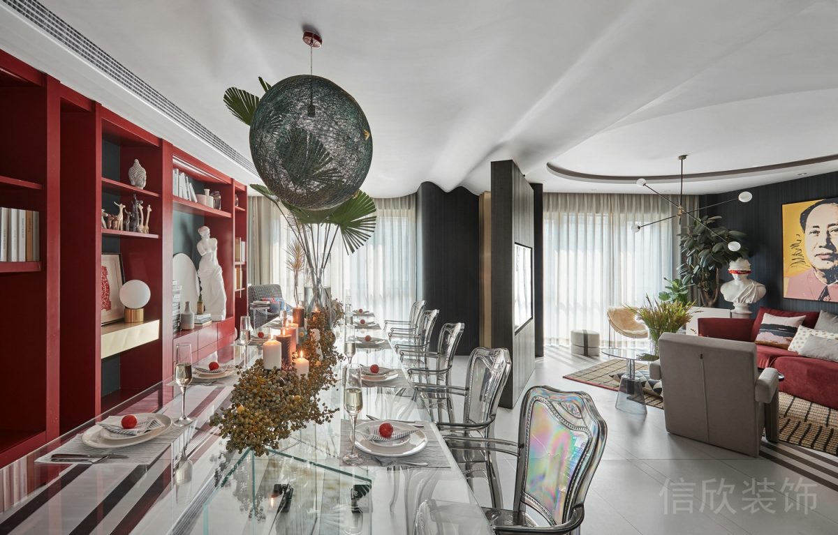 天花鏤空創(chuàng)意吊頂設(shè)計紅色墻柜裝修全屋定制開放式就餐區(qū)設(shè)計