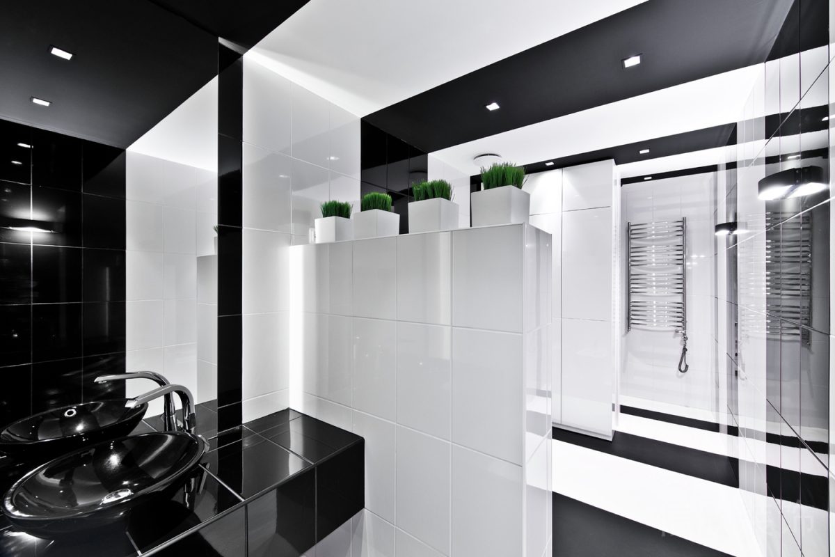 衛(wèi)生間裝修黑白色調(diào)瓷磚效果墻體隔斷水龍頭鏡面效果