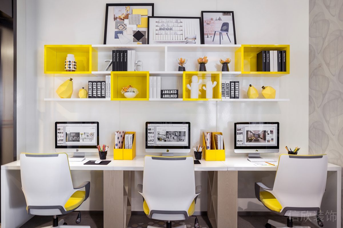 現(xiàn)代簡約風黃色收納柜工作桌墻柜定制效果圖辦公室