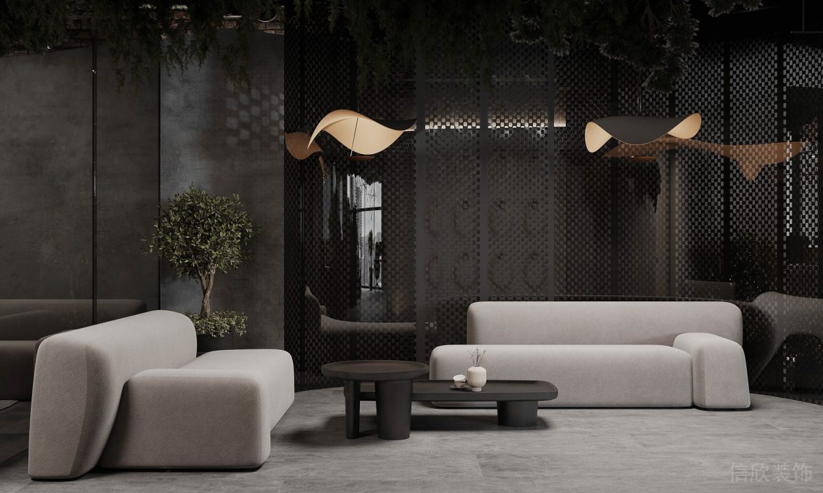 懸吊式花瓣式暖色調(diào)吊燈鏤空式不銹鋼墻板裝修辦公室休息區(qū)設(shè)計