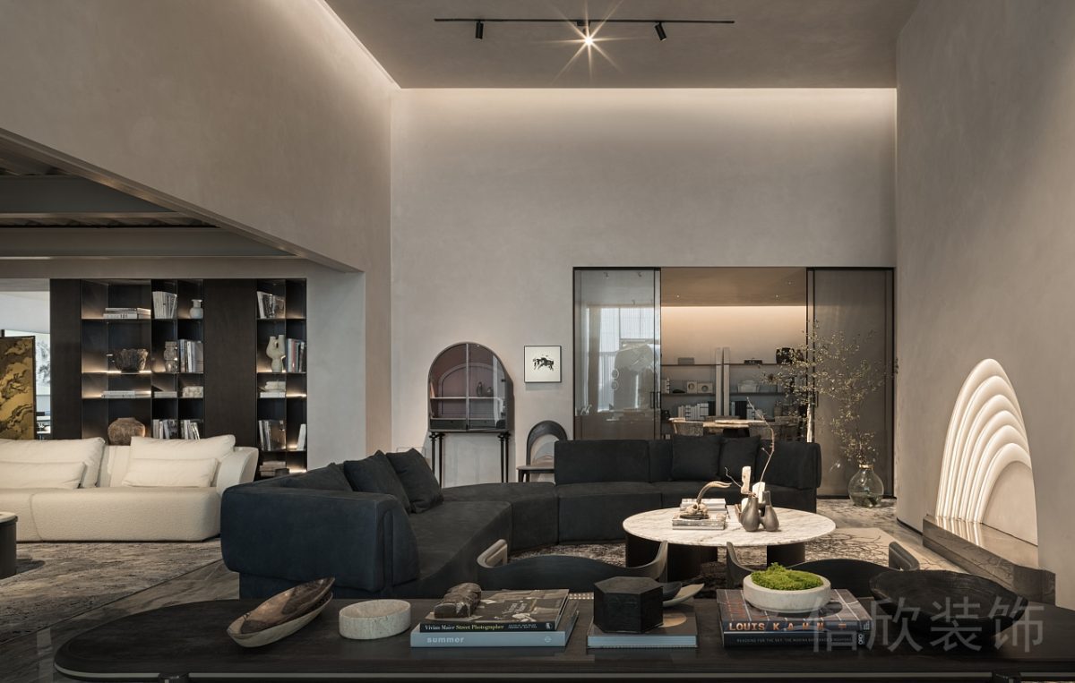 小型排列式黑色調(diào)射燈裝修環(huán)形反絨皮沙發(fā)藍(lán)色調(diào)沙發(fā)設(shè)計(jì)辦公室休息區(qū)效果