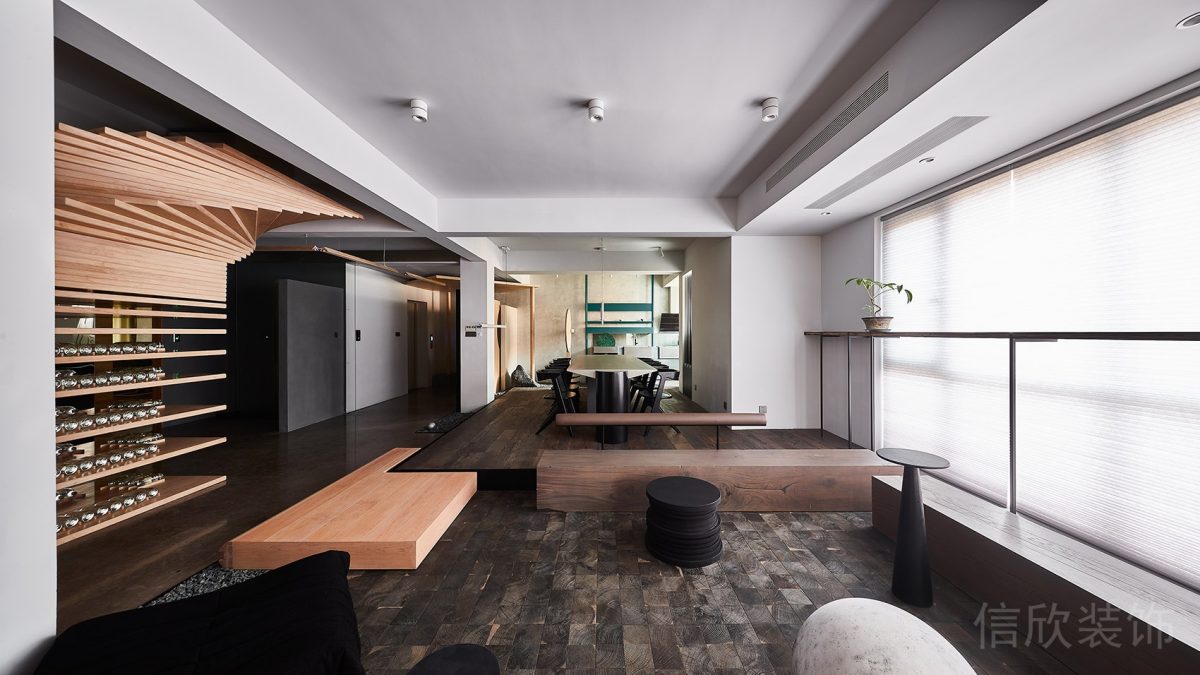 原木風日式創(chuàng)意幾何造型座椅休息區(qū)裝修大廳效果圖