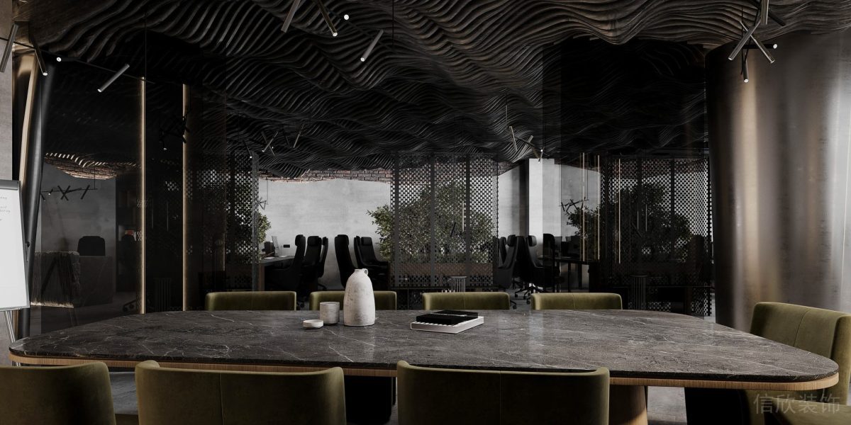 原木桌子搭配大理石桌板設(shè)計綠色反絨皮椅子裝修辦公室會議室裝修圖