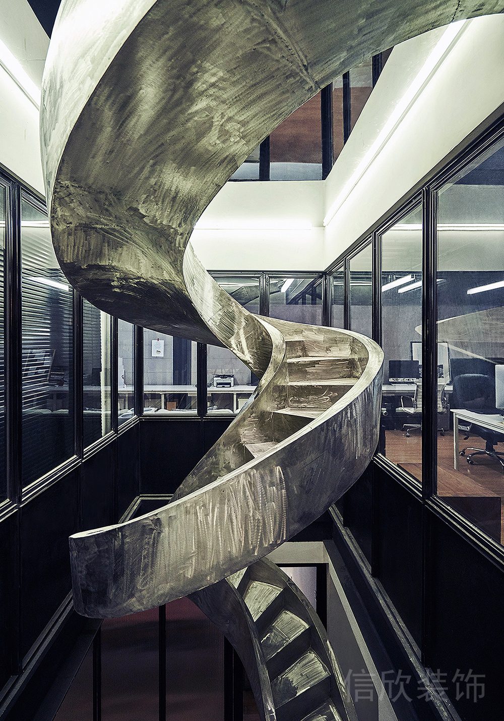 銀色未來科技感現(xiàn)代辦公室裝修旋轉(zhuǎn)樓梯設(shè)計