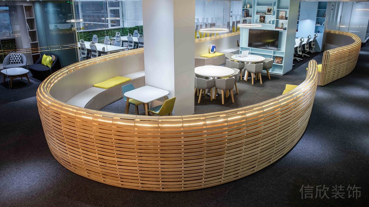 竹編弧線設計辦公室休息區(qū)員工開放式休息區(qū)