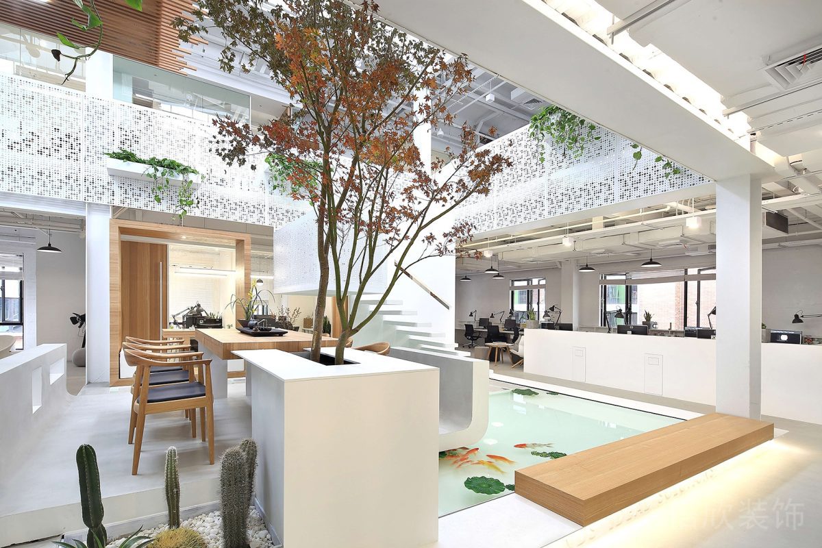 中國(guó)風(fēng)裝修大廳池塘辦公室木質(zhì)效果圖