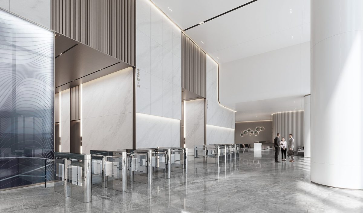 辦公樓大廳過道區(qū)域裝修大理石瓷磚效果電梯過道區(qū)域智能識別效果圖