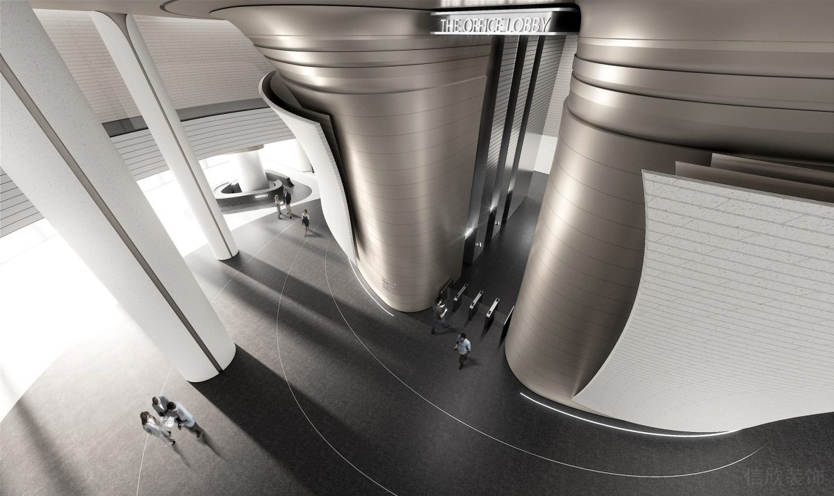 辦公樓大廳設計金屬效果裝修環(huán)形白色線條過道裝修