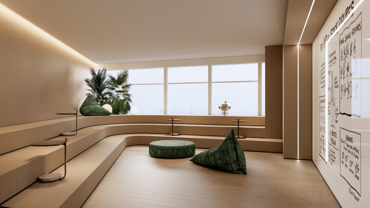 辦公室墻體設(shè)計(jì)玻璃隔斷窗戶效果木質(zhì)風(fēng)設(shè)計(jì)弧線效果榻榻米休息區(qū)