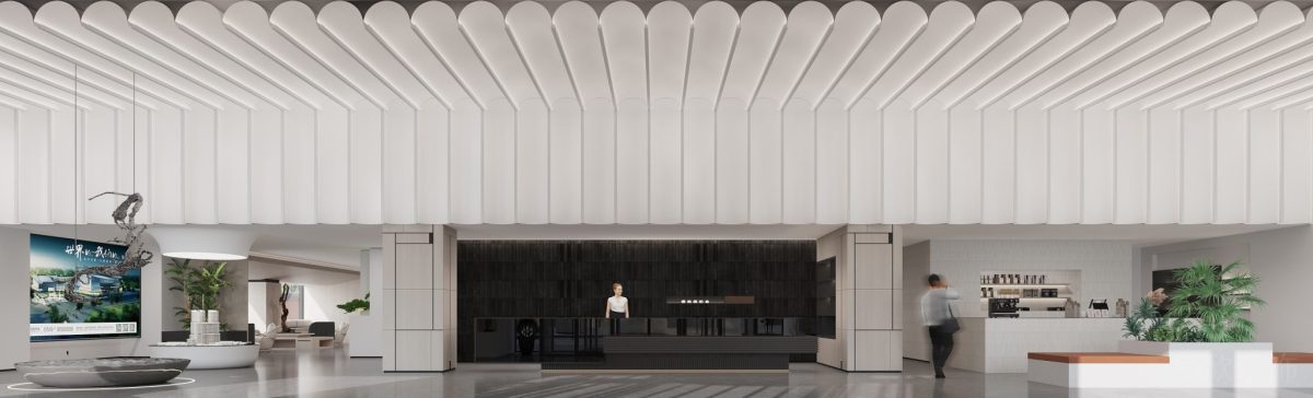 辦公室實景圖裝修大廳過道白色天花設計效果圖黑白色調(diào)簡約風裝修