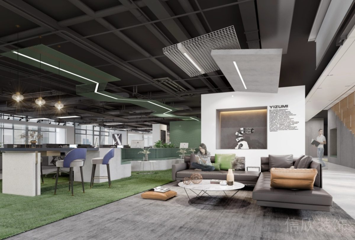 辦公室榻榻米灰色工業(yè)風(fēng)沙發(fā)設(shè)計(jì)效果地毯裝修