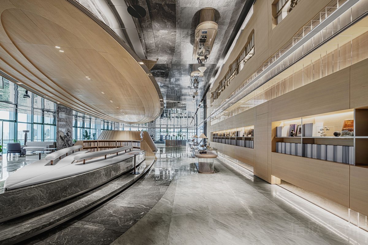 辦公室意大利灰色瓷磚效果地臺(tái)階梯式裝修木飾面效果收納木柜裝修圖