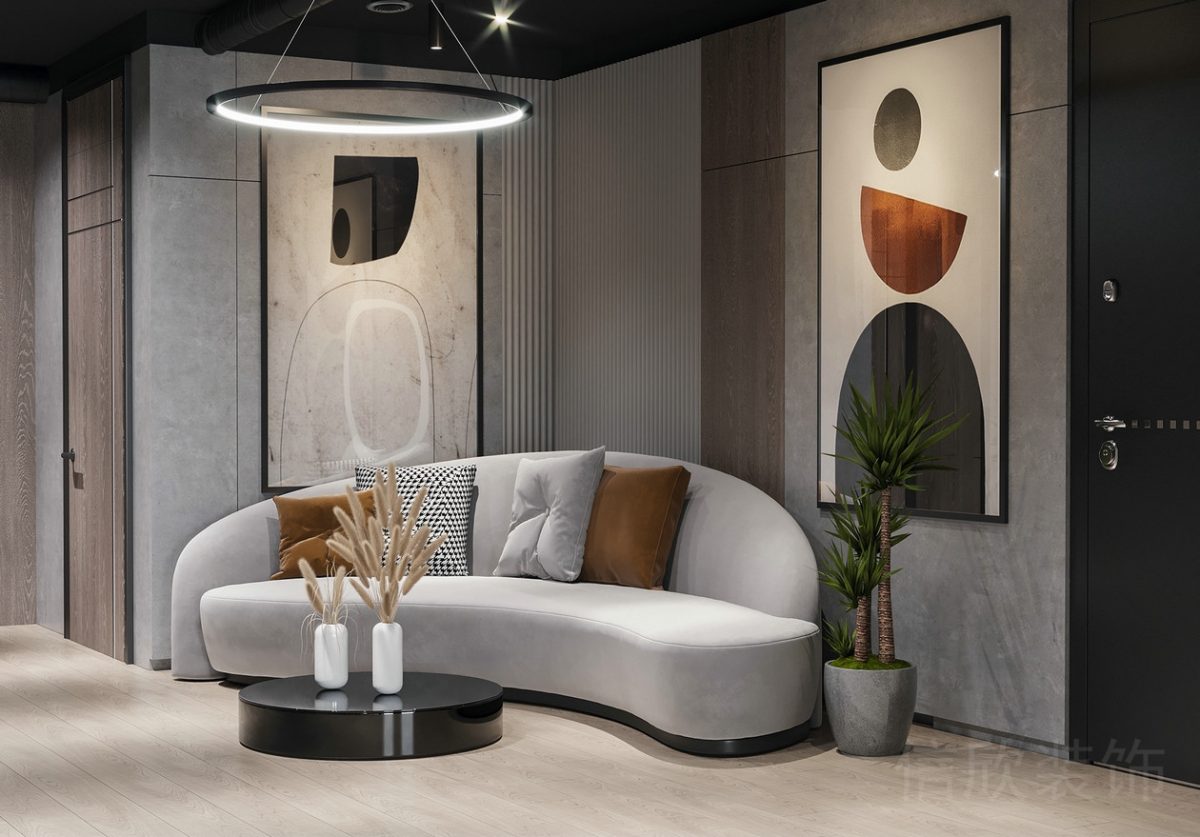 辦公室裝修大廳效果環(huán)形灰色調(diào)北歐風(fēng)沙發(fā)效果藝術(shù)壁畫矮桌茶幾黑色設(shè)計(jì)
