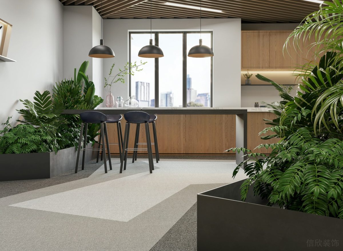 辦公室裝修設(shè)計(jì)復(fù)古綠化設(shè)計(jì)茶水間裝修水磨石地板過(guò)道微景觀設(shè)計(jì)圖