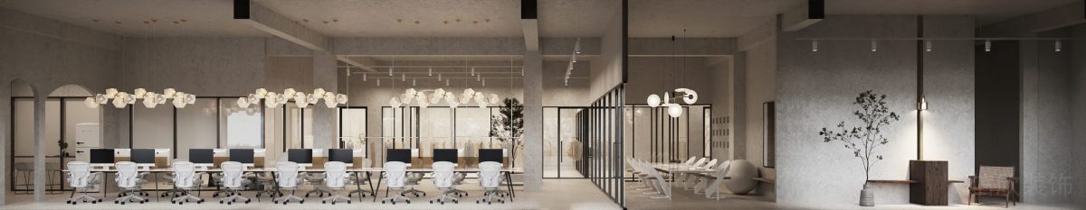 辦公室裝修直線式大廳效果射燈工業(yè)風裝修藝術暗紋墻體設計效果