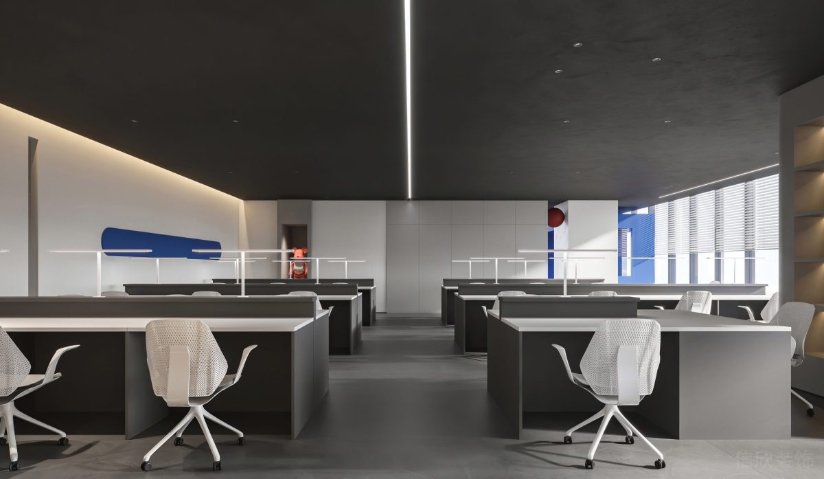 白灰撞色極簡風桌椅裝修內(nèi)嵌式燈條天花板設計辦公室裝修效果圖
